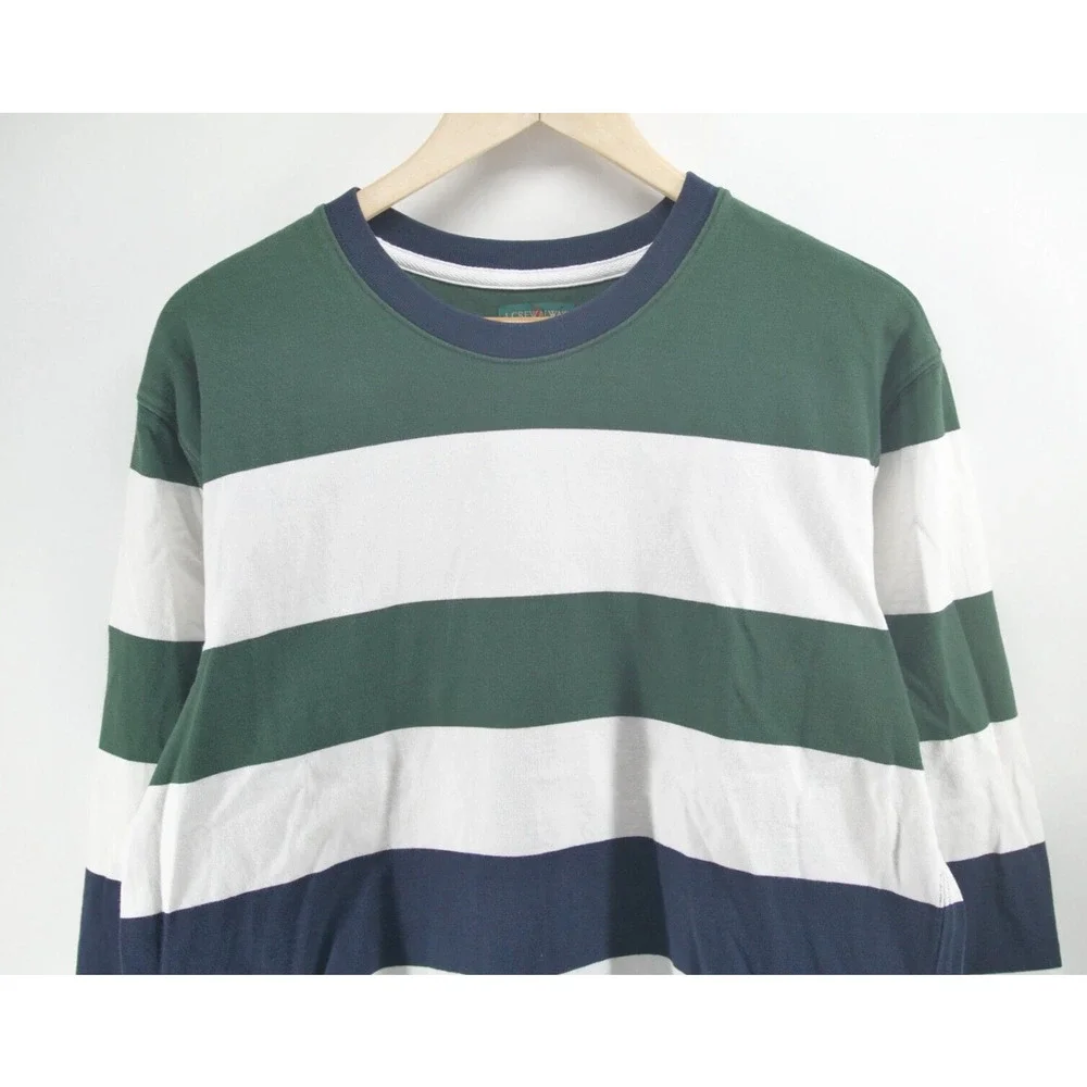 J Crew Always Sweatshirt Men's M Green White Blue Stripe Cotton Preppy Crew Neck